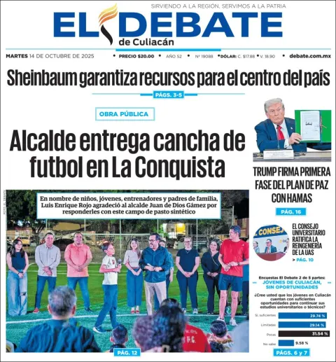 Portada de El Debate de Culiacan del martes, 14 de octubre de 2025