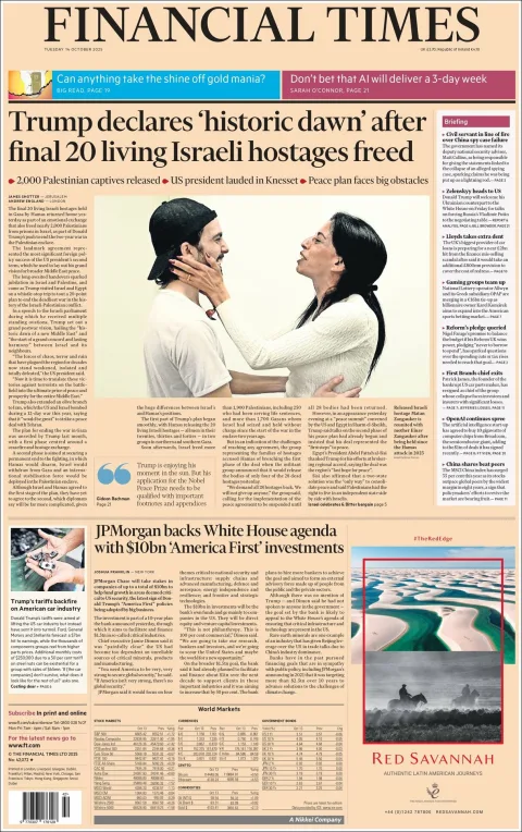 Portada de Financial Times del martes, 14 de octubre de 2025