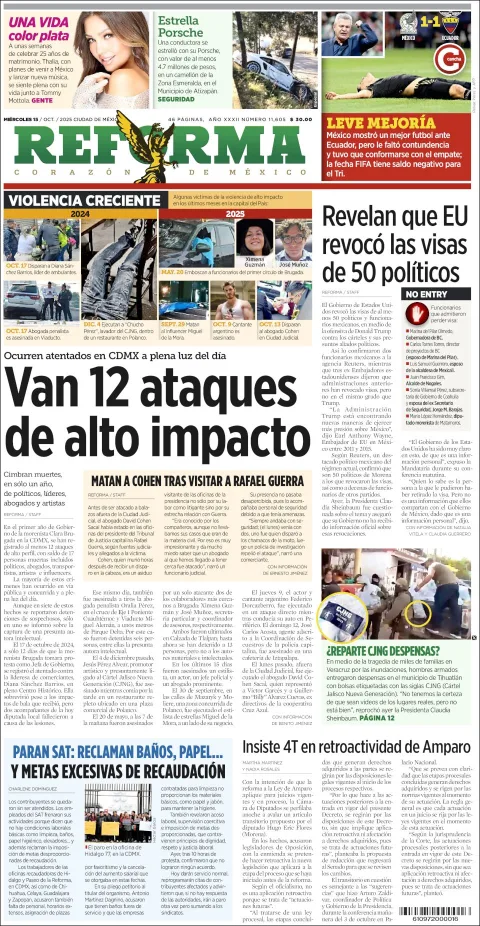 Portada de Reforma del miércoles, 15 de octubre de 2025