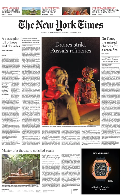 Portada de The New York Times (international) del miércoles, 15 de octubre de 2025