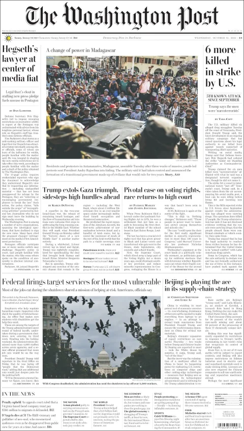 Portada de The Washington Post del miércoles, 15 de octubre de 2025