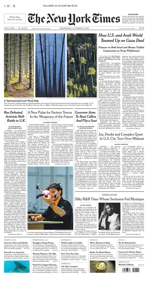 Portada de The New York Times (national) del miércoles, 15 de octubre de 2025