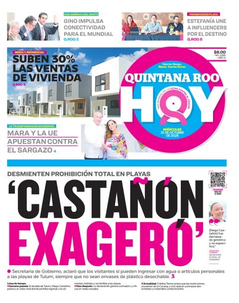 Portada de Quintana Roo Hoy (portada) del miércoles, 15 de octubre de 2025