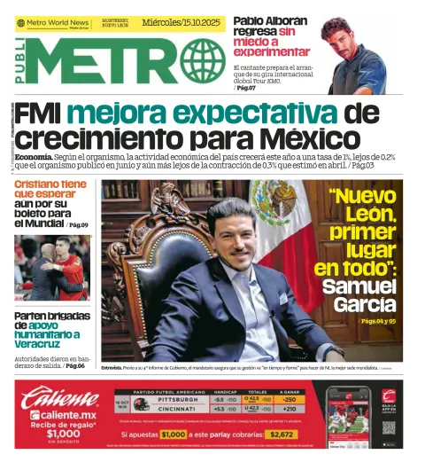 Portada de Publimetro Monterrey del miércoles, 15 de octubre de 2025