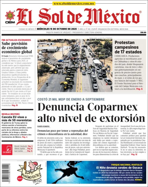 Portada de El Sol de Mexico del miércoles, 15 de octubre de 2025