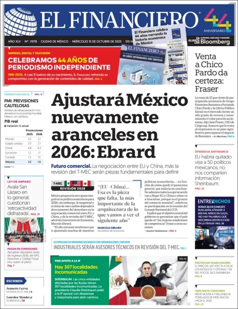 Portada de El Financiero del miércoles, 15 de octubre de 2025