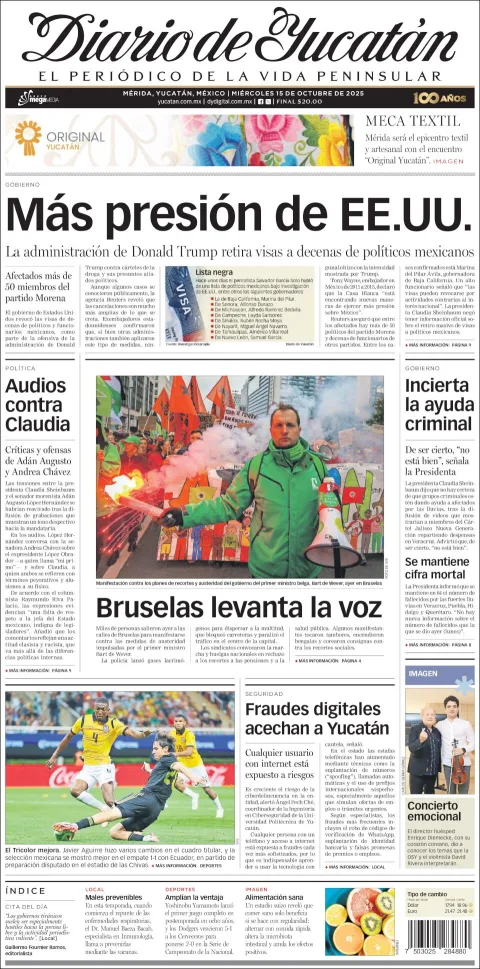 Portada de Diario de Yucatán del miércoles, 15 de octubre de 2025