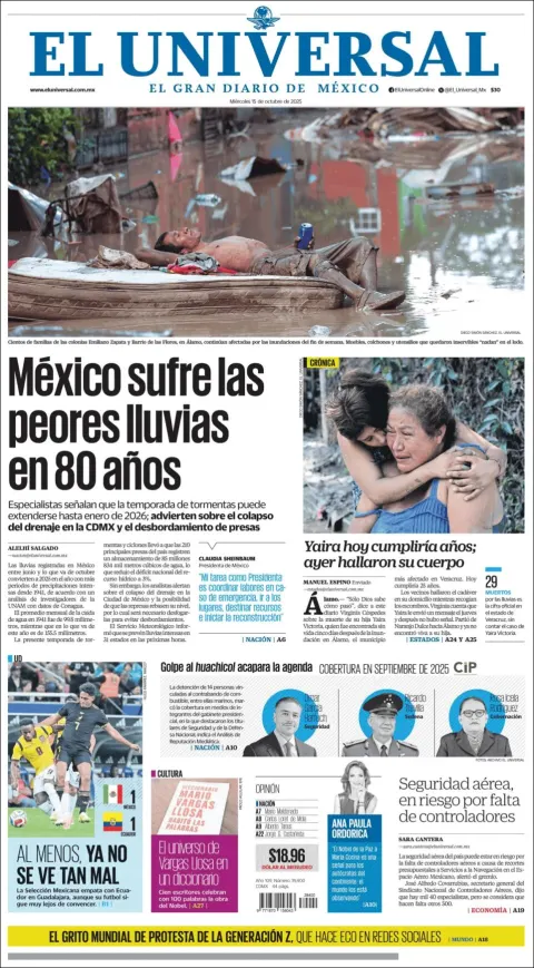 Portada de El Universal del miércoles, 15 de octubre de 2025
