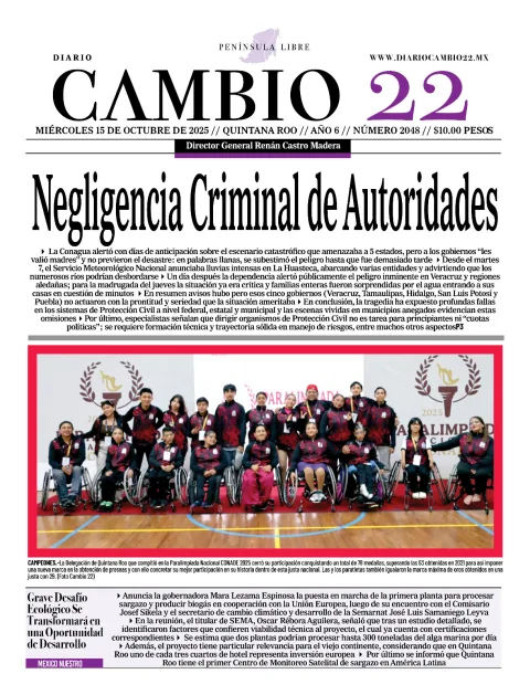 Portada de Diario Cambio 22 (portada) del miércoles, 15 de octubre de 2025