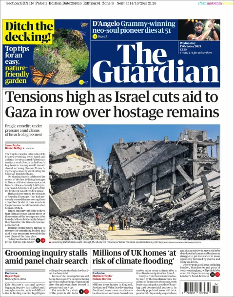 Portada de The Guardian (reino Unido) del miércoles, 15 de octubre de 2025