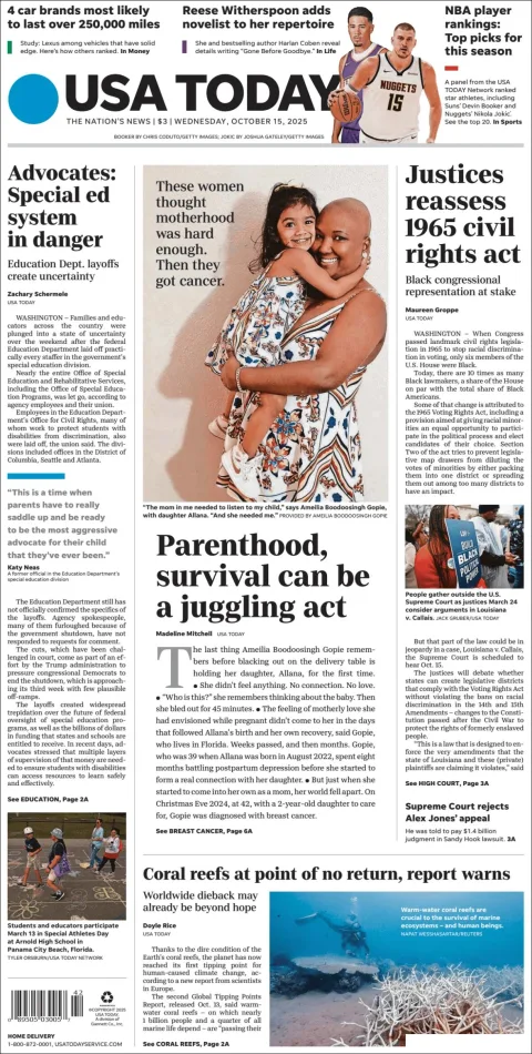 Portada de Usa Today del miércoles, 15 de octubre de 2025