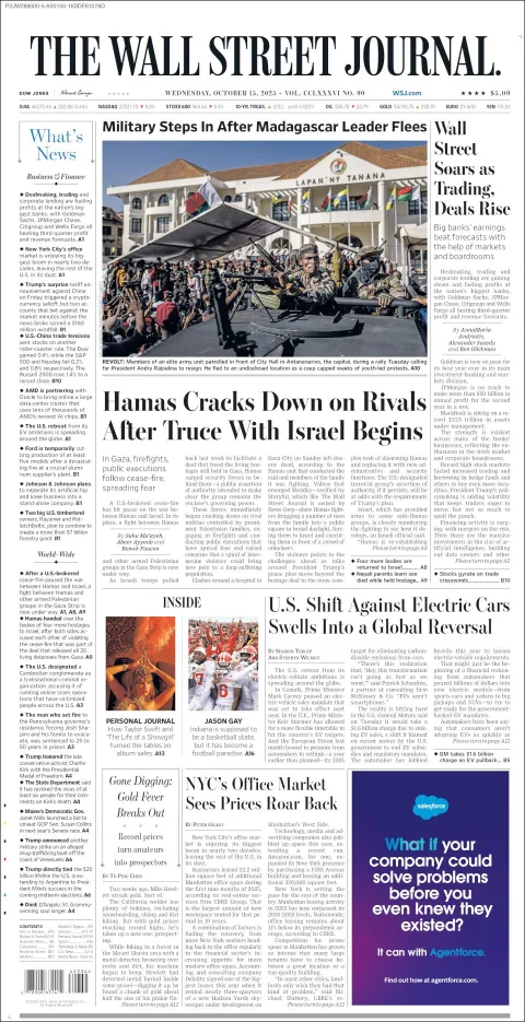 Portada de The Wall Street Journal del miércoles, 15 de octubre de 2025