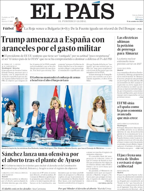 Portada de El Pais del miércoles, 15 de octubre de 2025