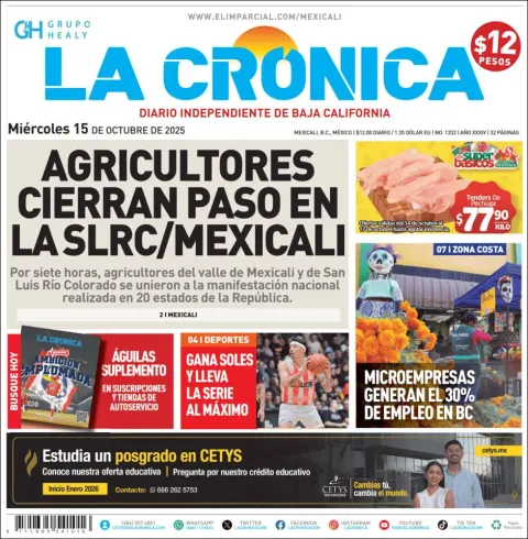 Portada de La Cronica del miércoles, 15 de octubre de 2025