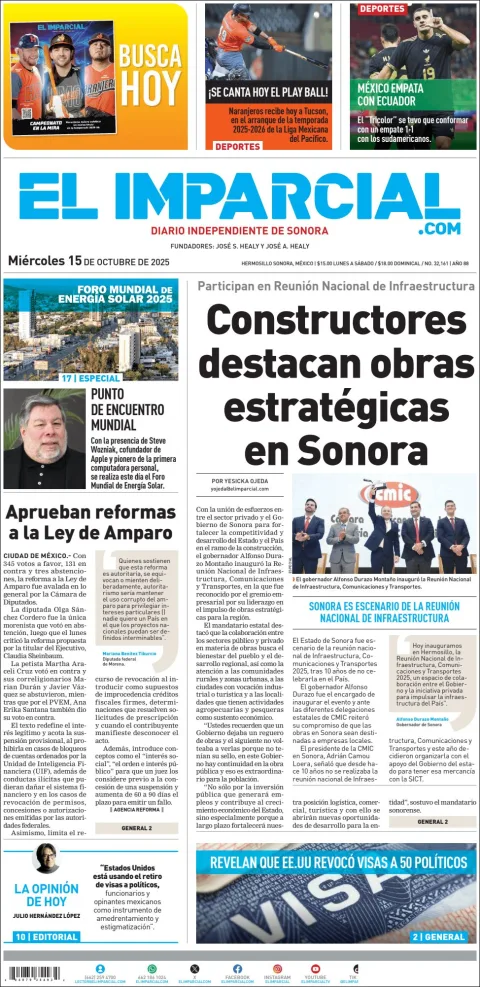 Portada de El Imparcial del miércoles, 15 de octubre de 2025