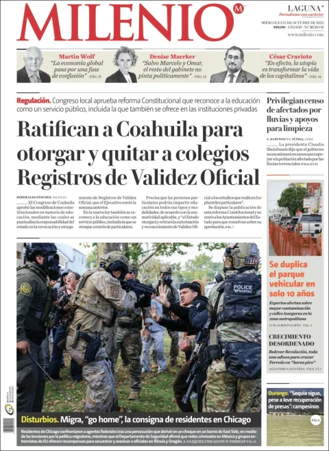 Portada de Milenio Laguna del miércoles, 15 de octubre de 2025