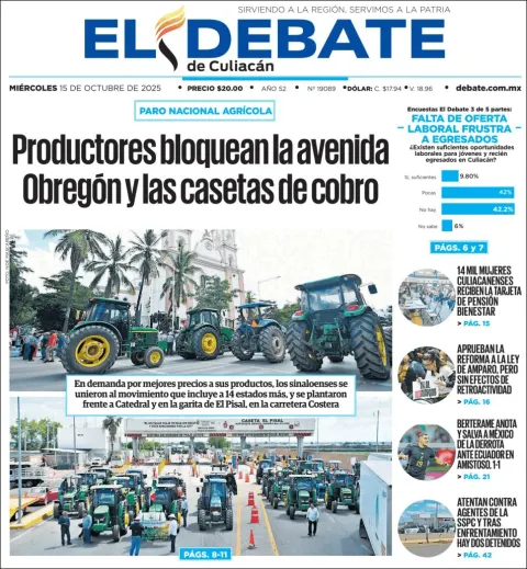 Portada de El Debate de Culiacan del miércoles, 15 de octubre de 2025