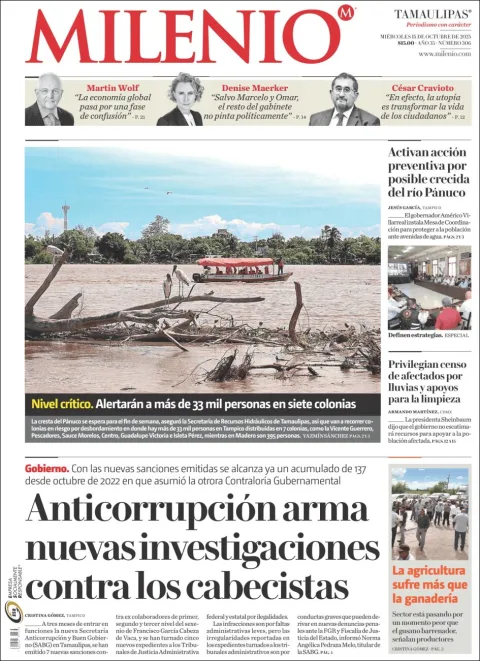Portada de Milenio Tamaulipas del miércoles, 15 de octubre de 2025