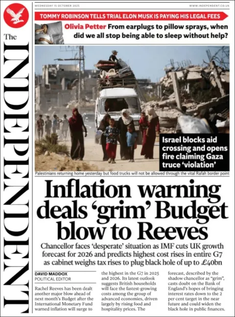 Portada de The Independent del miércoles, 15 de octubre de 2025
