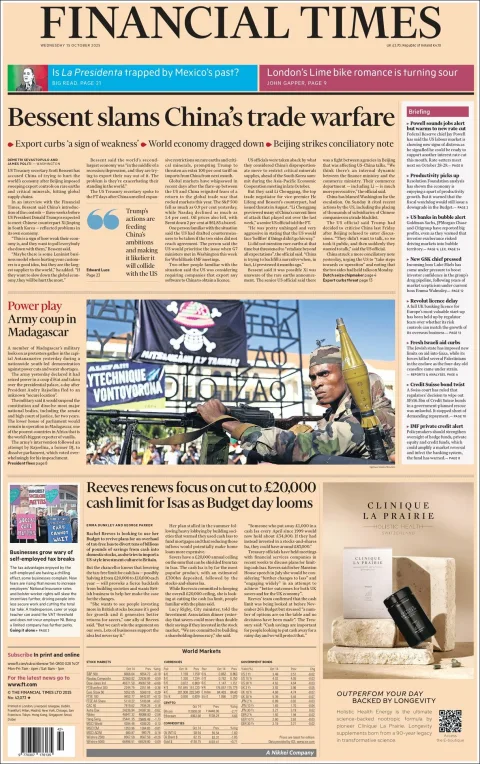 Portada de Financial Times del miércoles, 15 de octubre de 2025