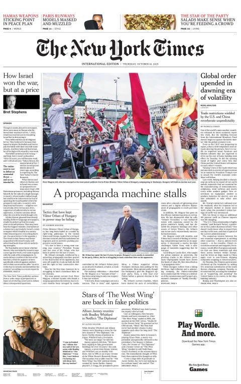 Portada de The New York Times (international) del jueves, 16 de octubre de 2025