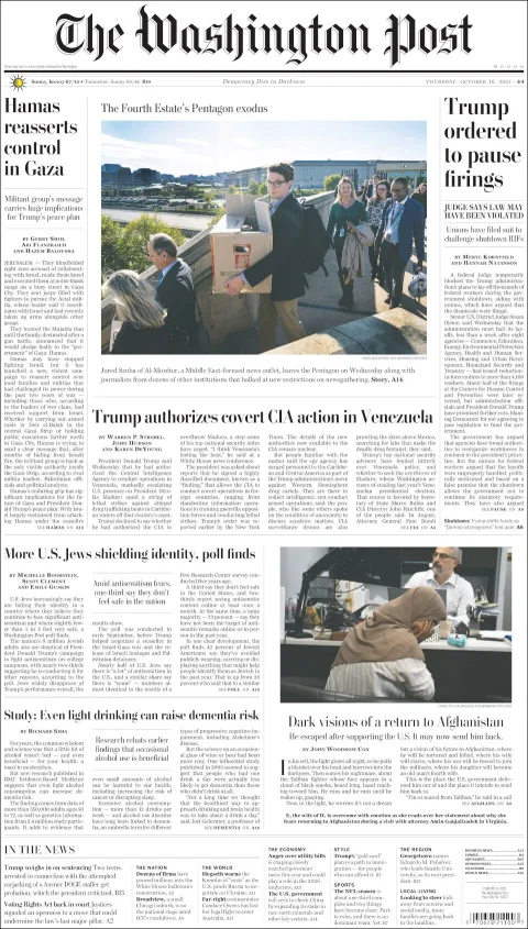 Portada de The Washington Post del jueves, 16 de octubre de 2025