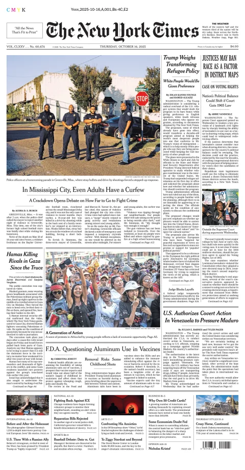 Portada de The New York Times (national) del jueves, 16 de octubre de 2025