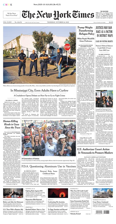 Portada de The New York Times (new York) del jueves, 16 de octubre de 2025