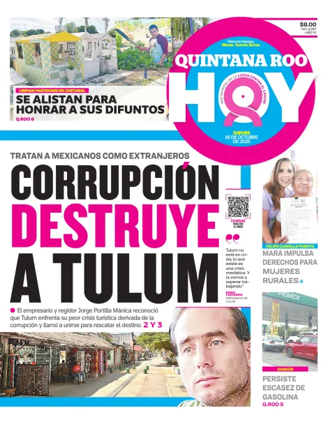 Portada de Quintana Roo Hoy (portada) del jueves, 16 de octubre de 2025