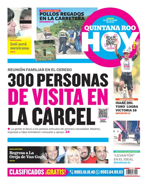 Portada de Quintana Roo Hoy (contraportada) del jueves, 16 de octubre de 2025