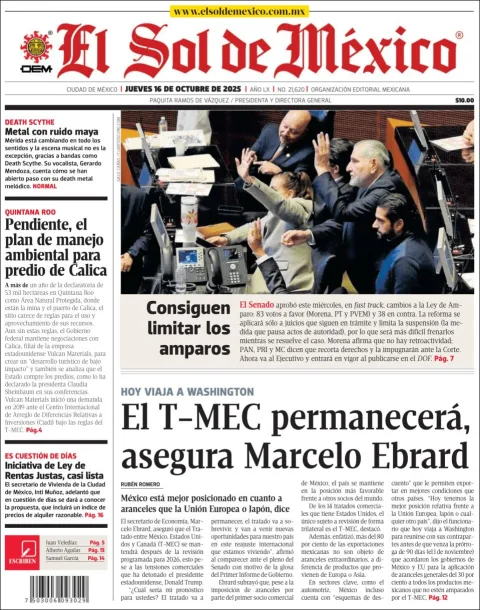 Portada de El Sol de Mexico del jueves, 16 de octubre de 2025