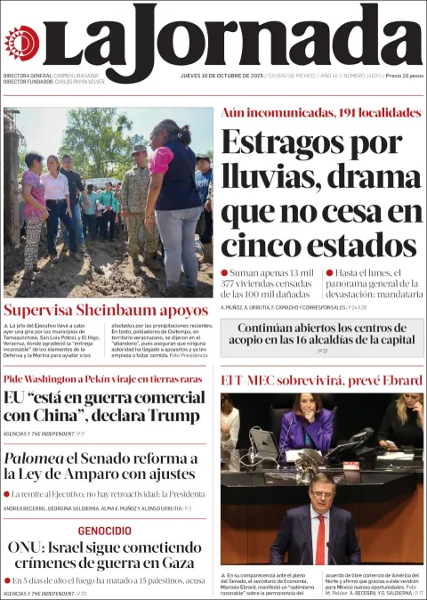 Portada de La Jornada del jueves, 16 de octubre de 2025