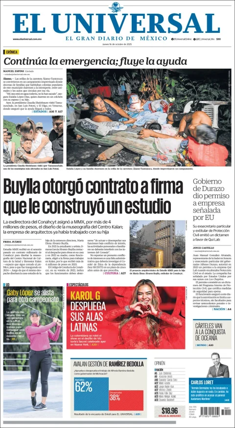 Portada de El Universal del jueves, 16 de octubre de 2025