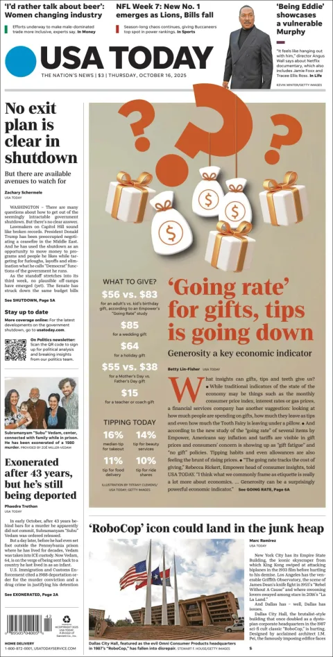 Portada de Usa Today del jueves, 16 de octubre de 2025