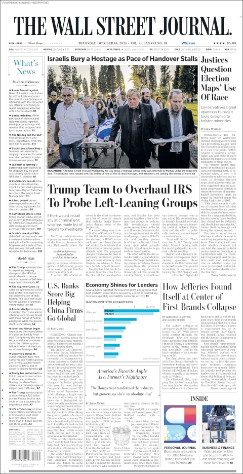 Portada de The Wall Street Journal del jueves, 16 de octubre de 2025
