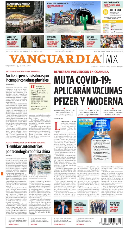 Portada de Vanguardia del jueves, 16 de octubre de 2025