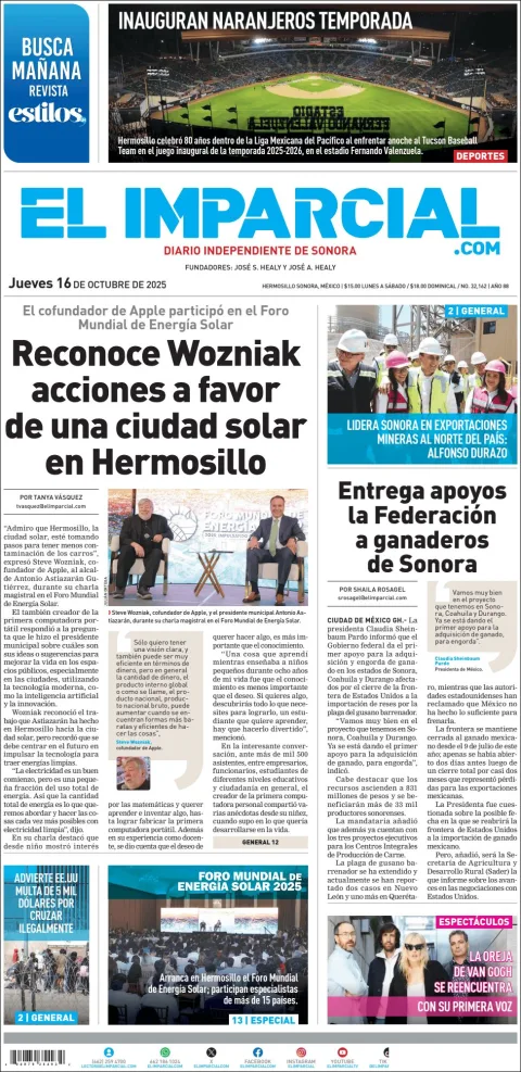 Portada de El Imparcial del jueves, 16 de octubre de 2025