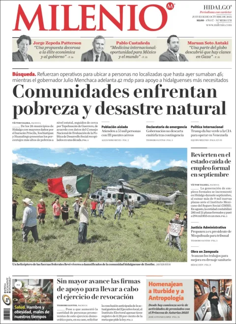 Portada de Milenio Hidalgo del jueves, 16 de octubre de 2025
