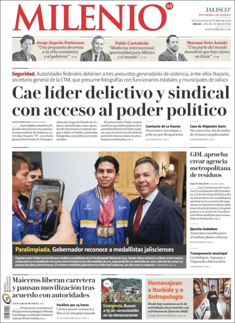 Portada de Milenio Jalisco del jueves, 16 de octubre de 2025