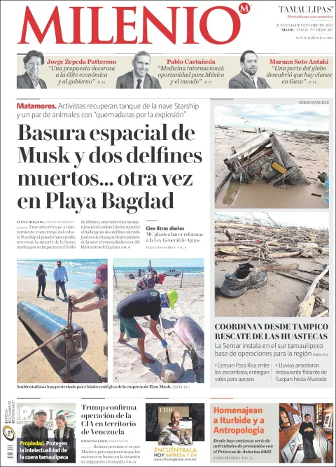 Portada de Milenio Tamaulipas del jueves, 16 de octubre de 2025