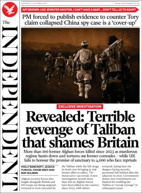 Portada de The Independent del jueves, 16 de octubre de 2025