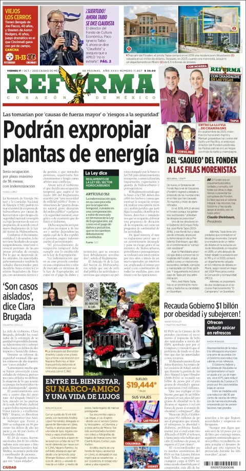 Portada de Reforma del viernes, 17 de octubre de 2025