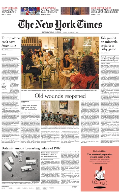 Portada de The New York Times (international) del viernes, 17 de octubre de 2025