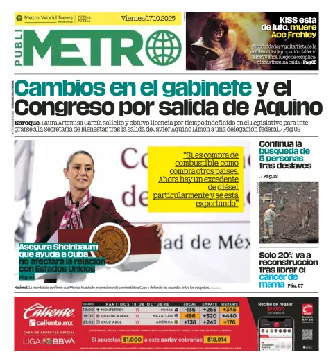 Portada de Publimetro Puebla del viernes, 17 de octubre de 2025