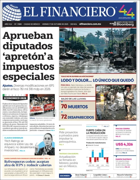Portada de El Financiero del viernes, 17 de octubre de 2025