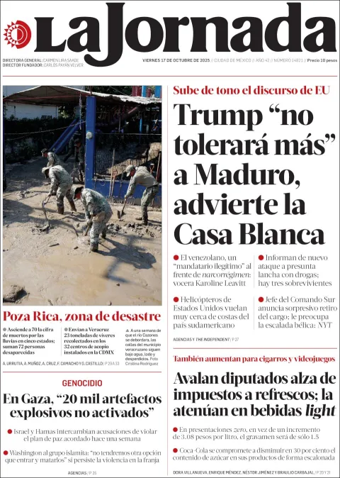Portada de La Jornada del viernes, 17 de octubre de 2025