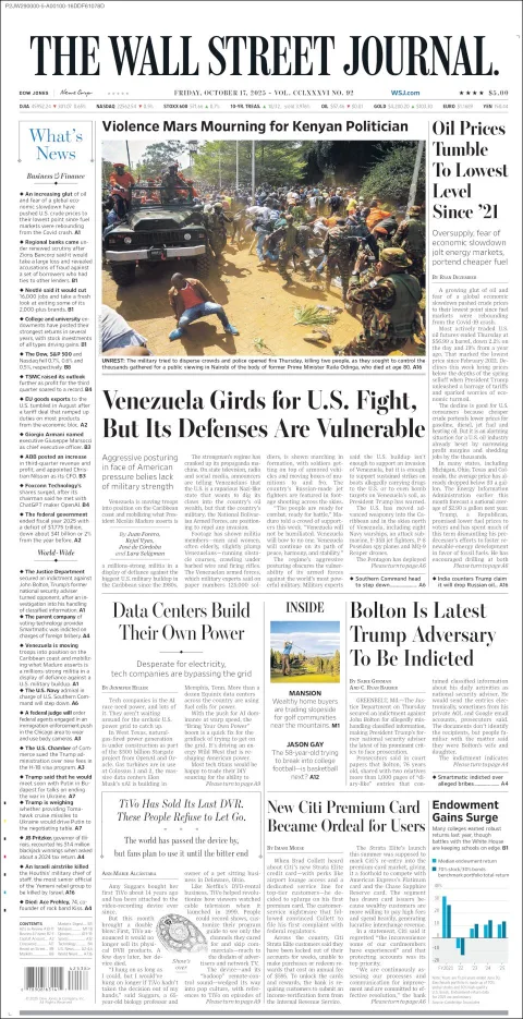 Portada de The Wall Street Journal del viernes, 17 de octubre de 2025