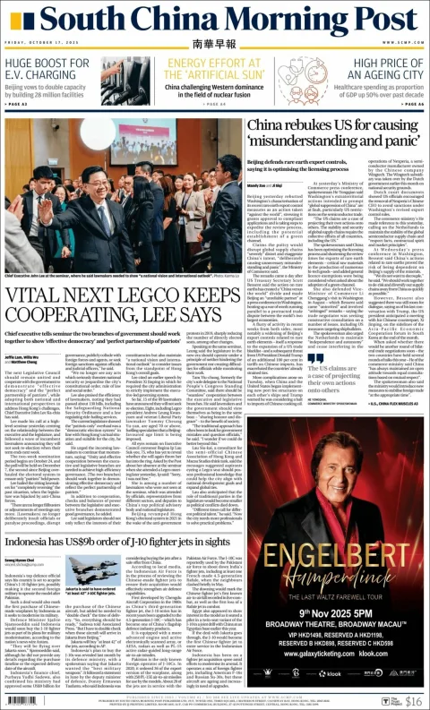 Portada de South China Morning Post del viernes, 17 de octubre de 2025
