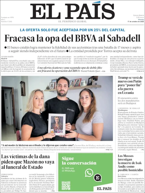 Portada de El Pais del viernes, 17 de octubre de 2025