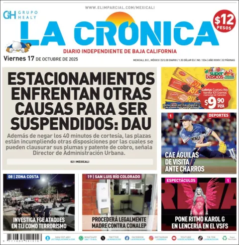 Portada de La Cronica del viernes, 17 de octubre de 2025
